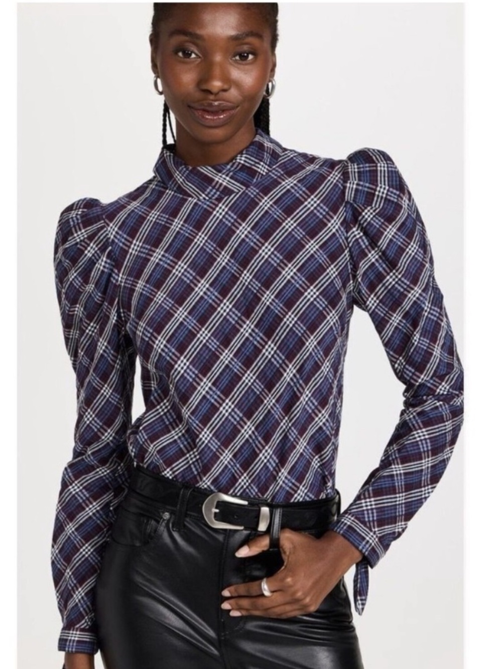 Veronica Beard Blouse Isabel Mock Neck Button Down Back Puff Sleeve Navy Plaid